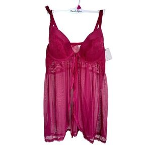 French Affair Women's Babydoll Mesh & Lace Lingerie Sheer Plus Size 1X Burgundy